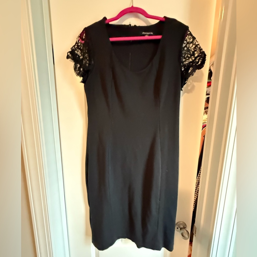 Sharagano Black Dress with Lace Cap Sleeve